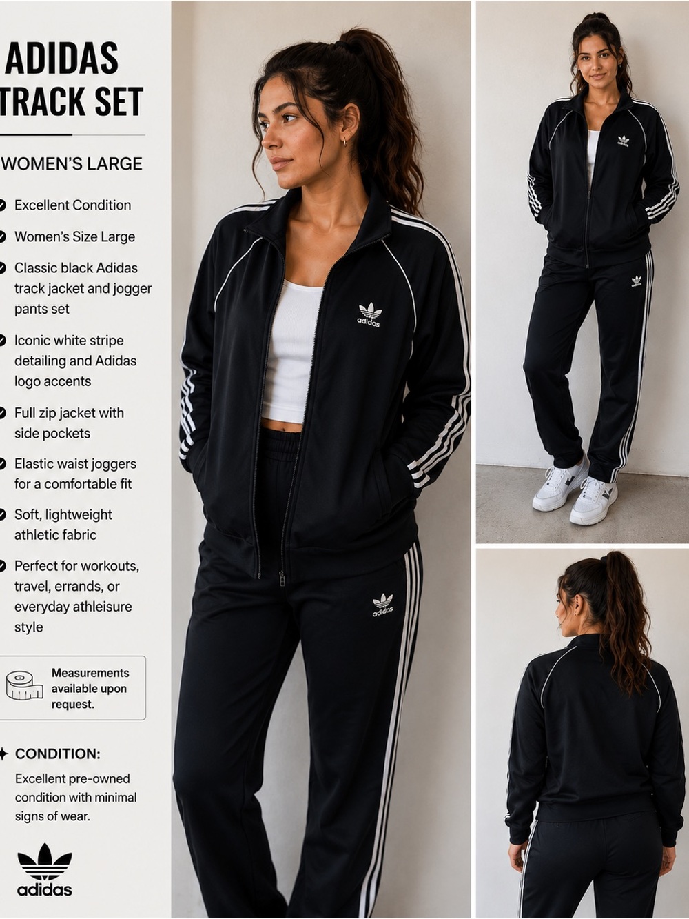 adidas Black Track Jacket & Jogger Set with White Stripes